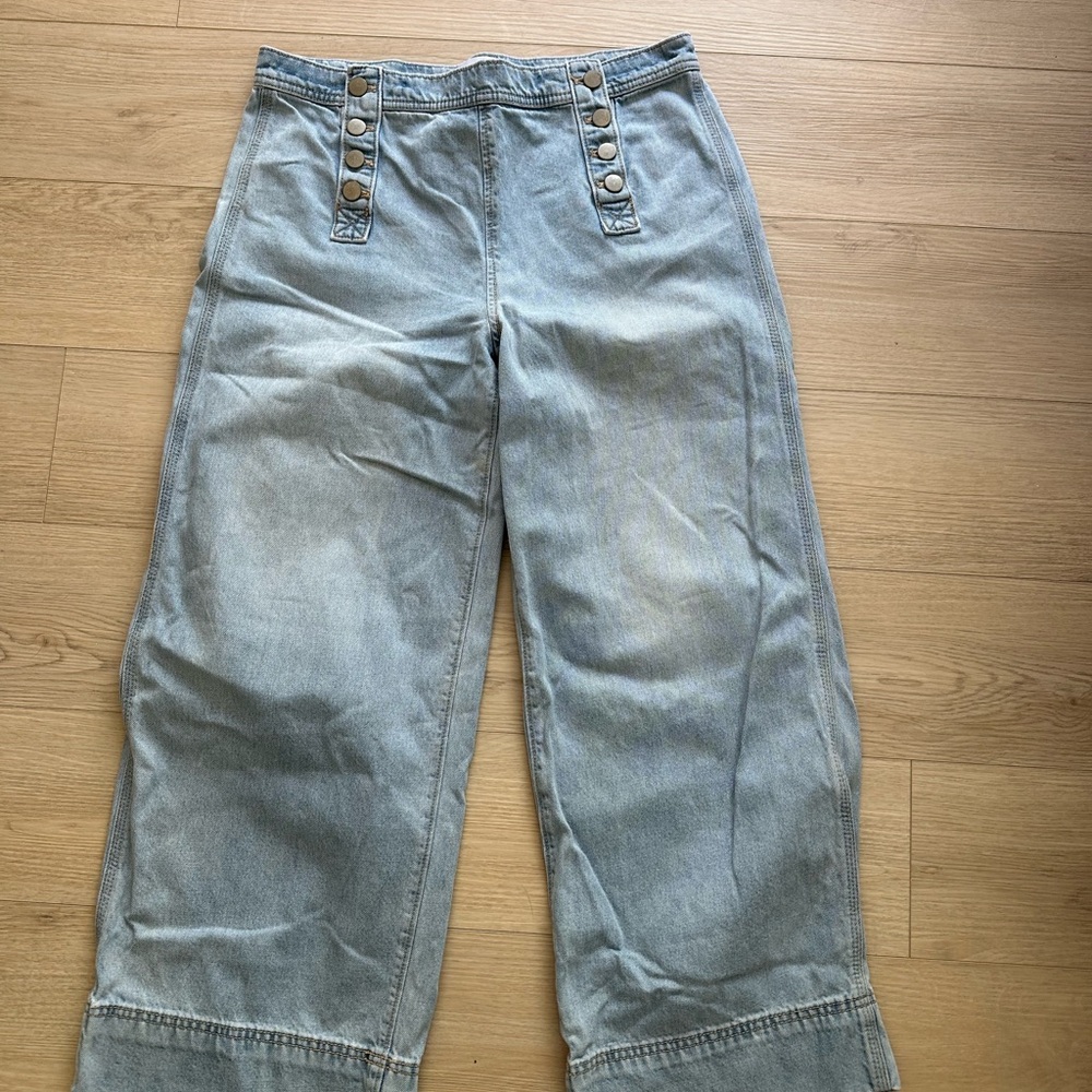 LOFT Light Blue Mid Rise Wide Leg Crop Jeans with Button-Tab Waist